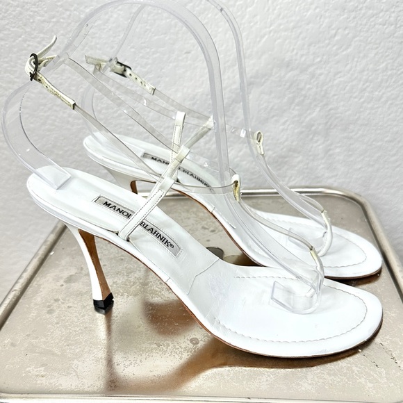 Manolo Blahnik Shoes - Manolo Blahnik white leather heels clear strap size 39.5 US 8.5 Strappy Shoes